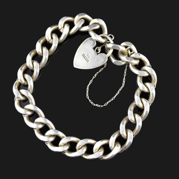 Curb Chain Heart Padlock Bracelet, Silver English… - image 6