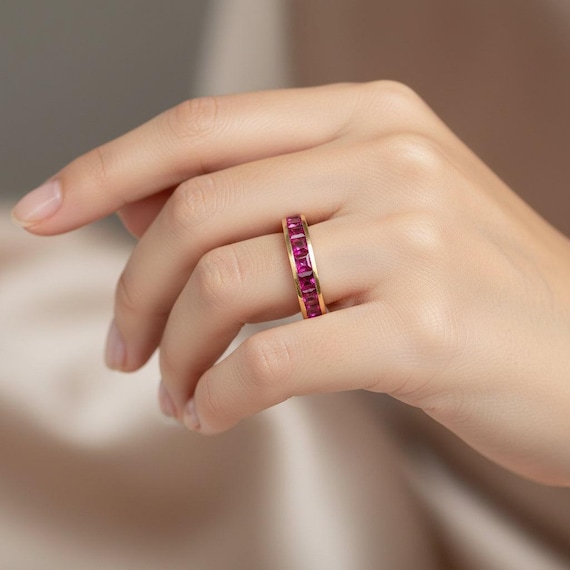 Vintage 18K Yellow Gold Channel Set Ruby Eternity… - image 8