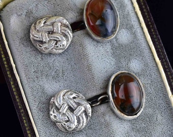 Antique Moss Agate Cufflinks, Scottish Moss Agate Sterling Silver Snake Cufflinks, Wedding Jewelry, Vintage Jewelry, Groomsmen Gift