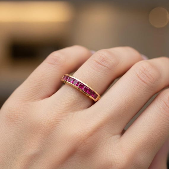 Vintage 18K Yellow Gold Channel Set Ruby Eternity… - image 1