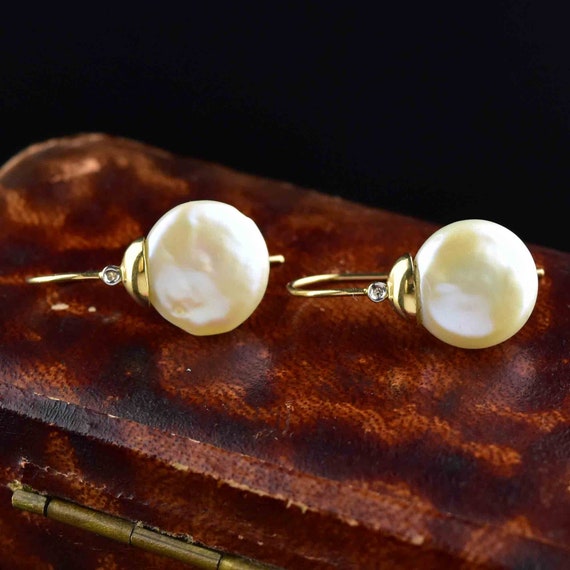 Vintage Diamond Pearl Earrings, 14K Gold Diamond … - image 4