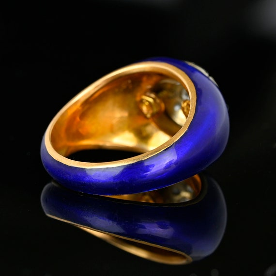 Cobalt Blue Enamel Diamond Ring, 14K Gold Diamond… - image 7