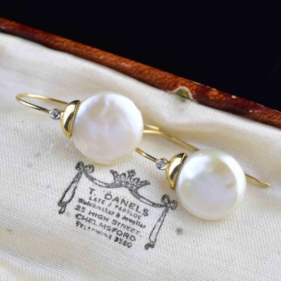 Vintage Diamond Pearl Earrings, 14K Gold Diamond … - image 1