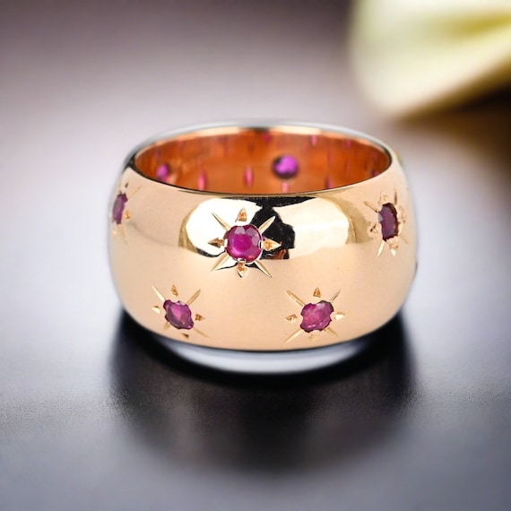 Wide Star Ruby Ring Band, 14K Rose Gold Full Eter… - image 6