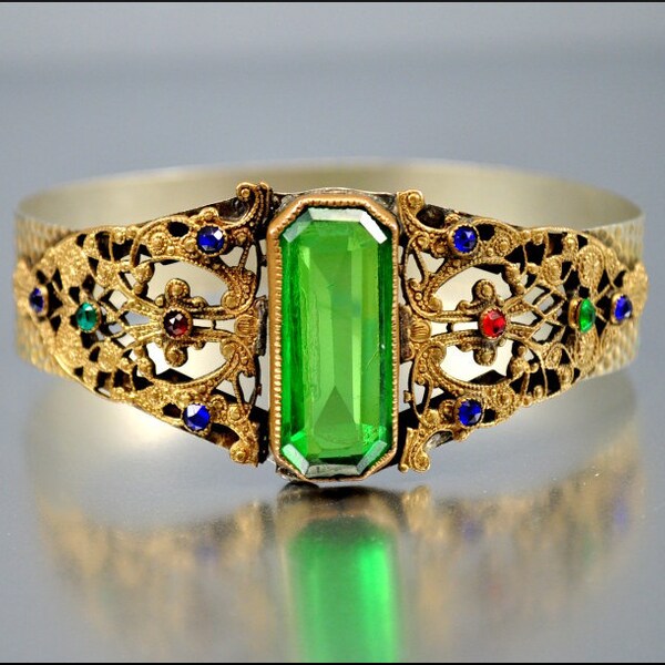 Art Deco Bracelet Arm Bangle Green Glass Gold Filigree Vintage 1920s Art Deco Jewelry