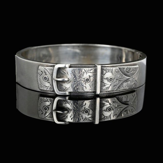 Antique Sterling Silver Buckle Bracelet, Engraved… - image 1