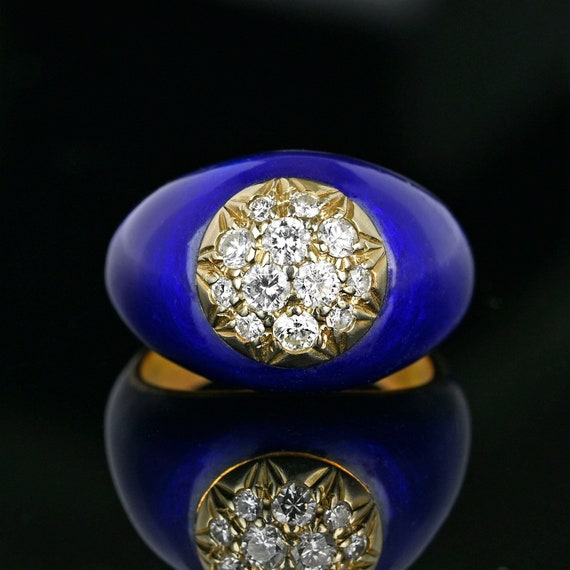 Cobalt Blue Enamel Diamond Ring, 14K Gold Diamond… - image 1