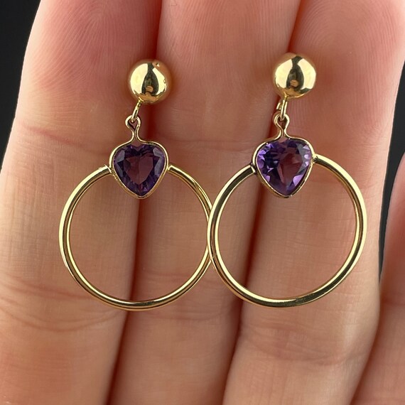 14K Gold Amethyst Hoop Earrings, Vintage Amethyst… - image 3