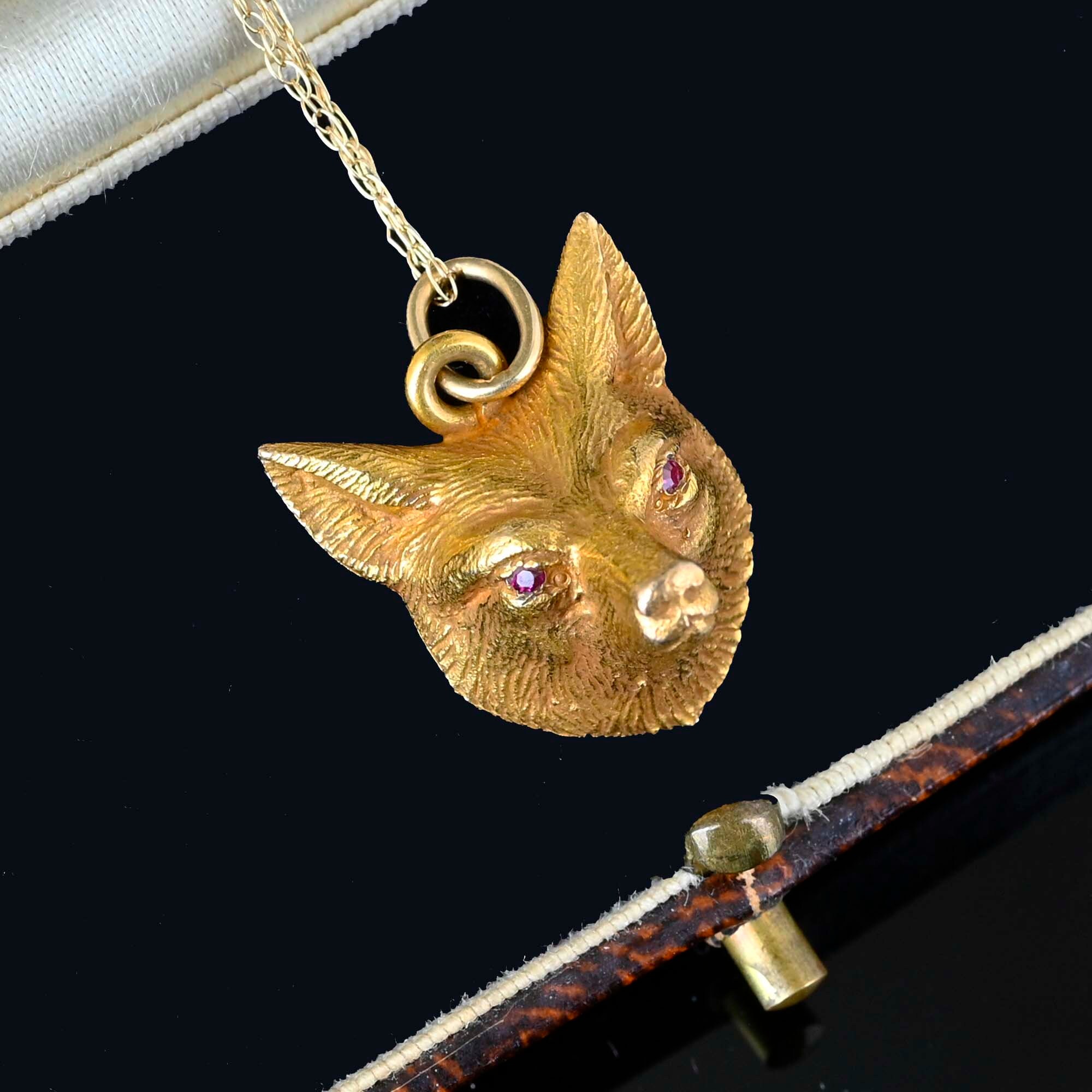 Antique 14K Gold Eyed Fox Pendant Necklace, Solid Gold