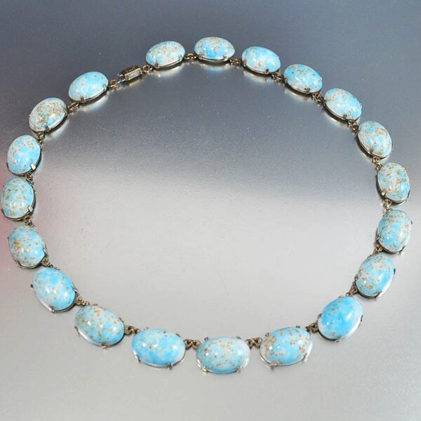 Robins Egg Blue Glass Czech Art Deco Necklace Silver Vintage 1930s Art Deco Jewelry