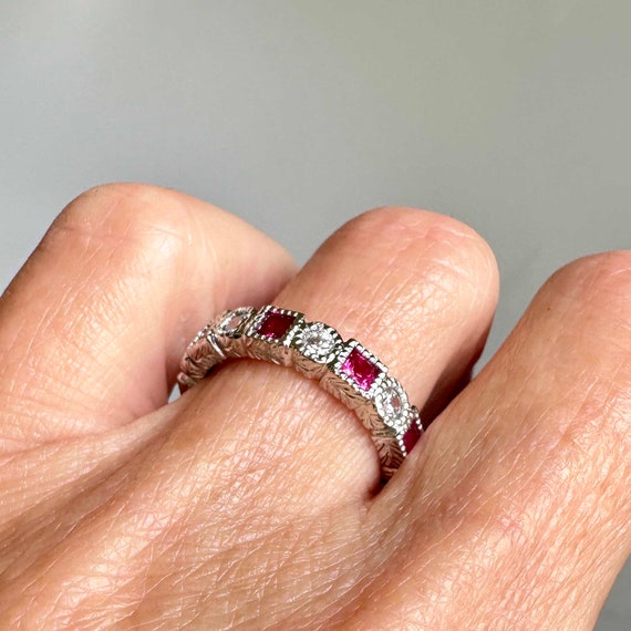 Silver Ruby Diamond Eternity Band Ring, Sterling … - image 6