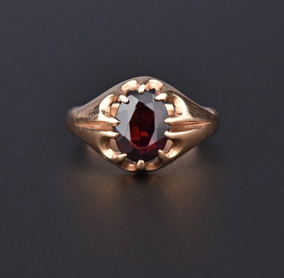 Vintage Rose Gold Garnet Ring, Mens Belcher Ring,