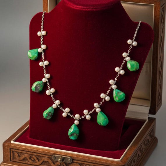 Art Deco Turquoise Pearl Necklace, Sterling Silver Fringe Necklace