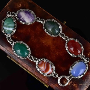 Vintage Scottish Banded Agate Bracelet, Silver Moss Agate Amethyst Carnelian Chalcedony Bracelet, Arts and Crafts Style Vintage Jewelry