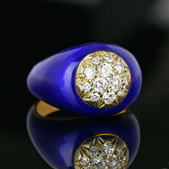 Cobalt Blue Enamel Diamond Ring, 14K Gold Diamond… - image 4