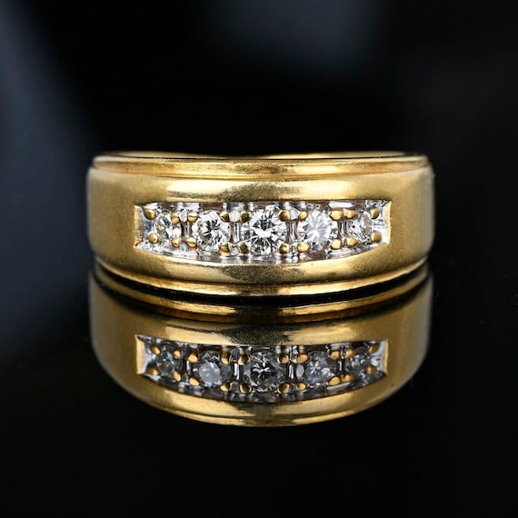 Heavy 14K Gold Diamond Ring Band, Five Stone Diam… - image 1