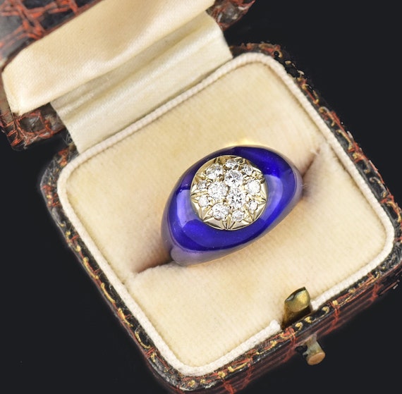 Cobalt Blue Enamel Diamond Ring, 14K Gold Diamond… - image 6
