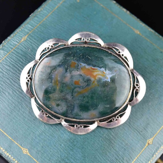 Vintage Scottish Moss Agate Brooch Silver Engraved Large Brooch