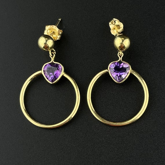 14K Gold Amethyst Hoop Earrings, Vintage Amethyst… - image 1