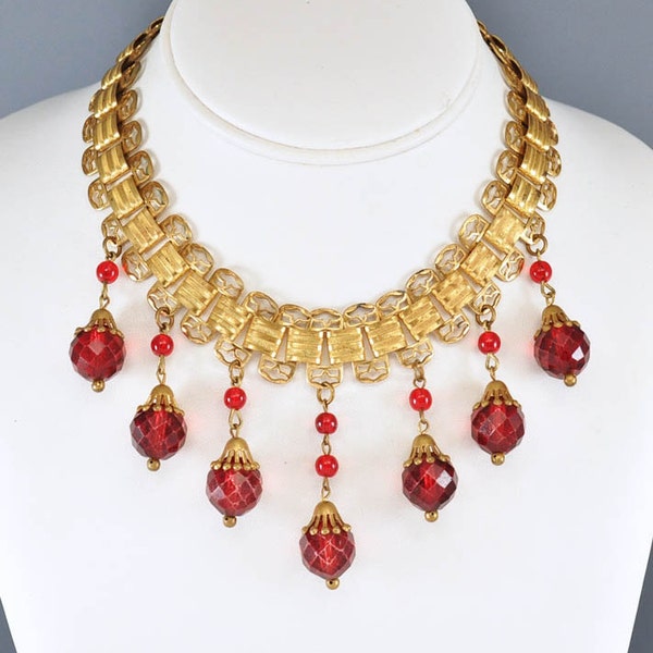 Art Deco Necklace Gold Book Chain Garnet Glass Charm Fringe Bib Statement Necklace