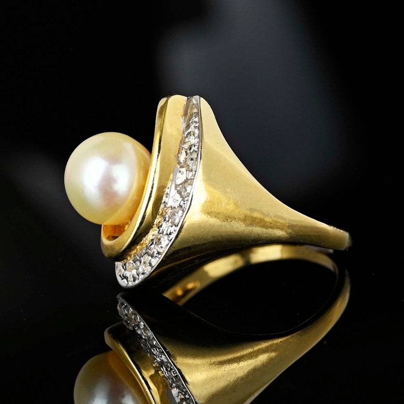 Vintage Statement Diamond Pearl Ring, 14K Gold Swirl Diamond Pearl ...