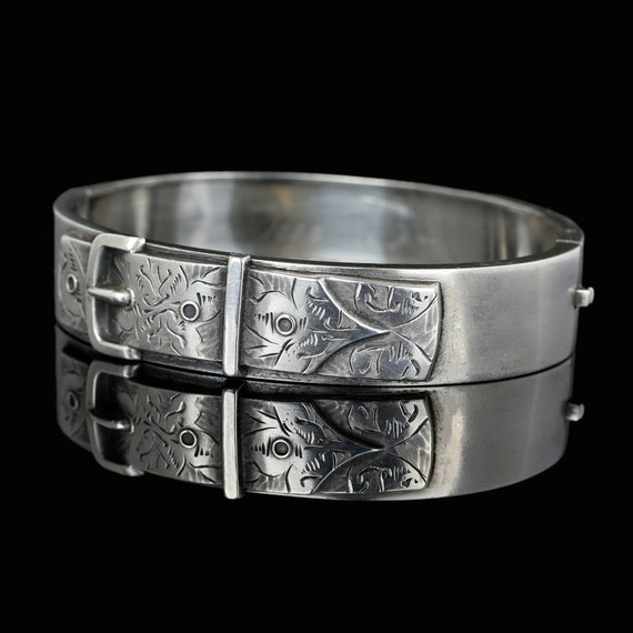 Antique Sterling Silver Buckle Bracelet, Engraved… - image 3