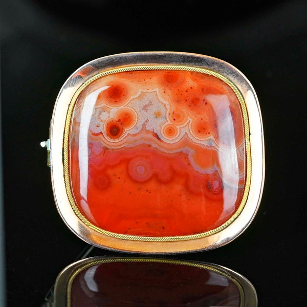 Antique 10K Rose Gold Carnelian Scottish Agate Brooch, Large Georgian Victorian Brooch, Picture Agate Pin, 1840s Vintage Jewelry