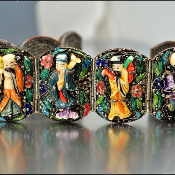 Chinese Bracelet Art Deco Jewelry Enamel Silver Immortals Vintage Jewelry 1920s Asian Antique