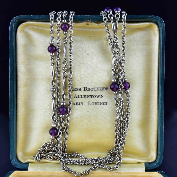 Vintage Garnet Muff Guard Chain Necklace, Silver … - image 7