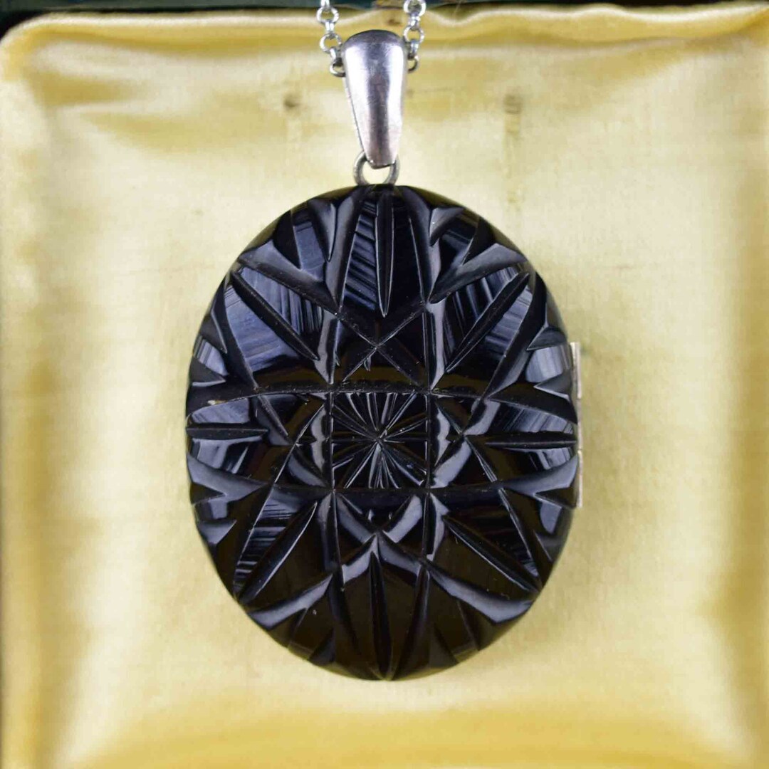 Whitby Jet Locket Antique Carved Starburst Whitby Jet Locket: Victorian Mourning Pendant ...
