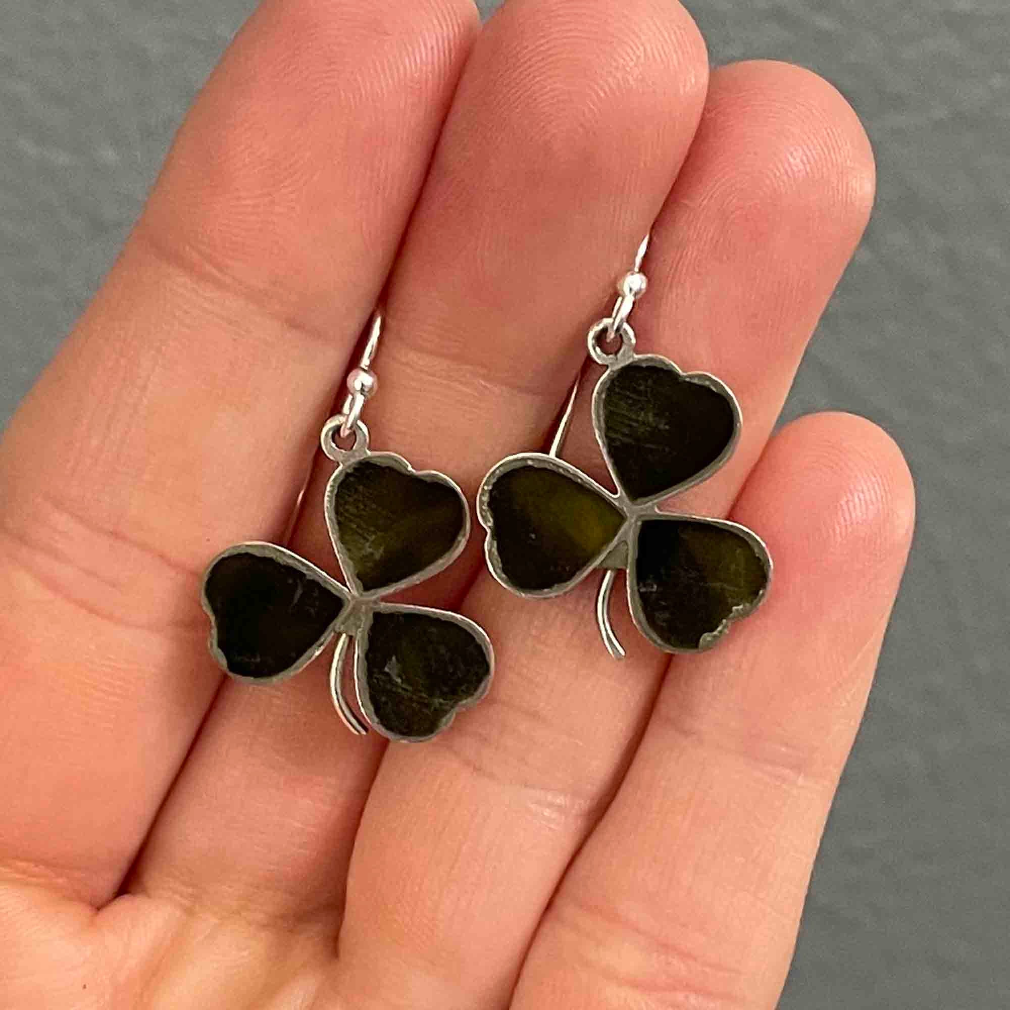 Antique Silver Clover Earrings, Connemara Marble Three Leaf