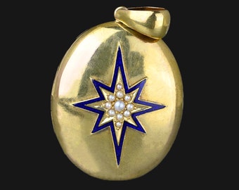 Antique 14K Gold Starburst Blue Enamel Locket, Victorian Pearl Cluster Gold Locket, Seed Pearl Keepsake Locket, Anniversary Antique Jewelry