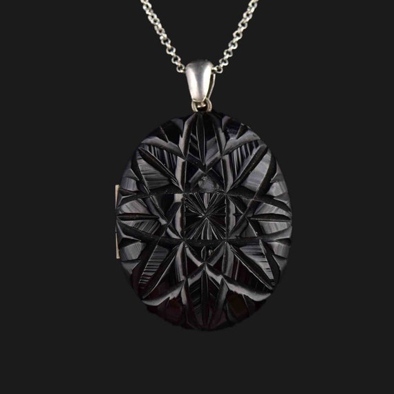 Whitby Jet Locket Antique Carved Whitby Jet Locket, Victorian Carved St… - Gem