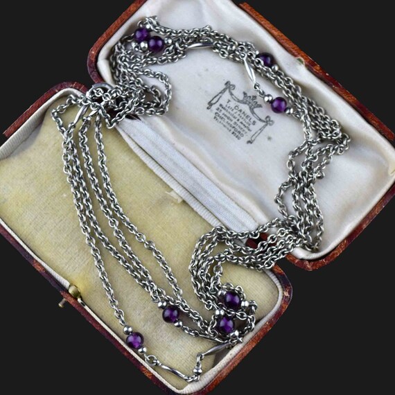 Vintage Garnet Muff Guard Chain Necklace, Silver … - image 4