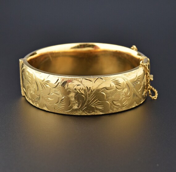 Vintage Gold Cuff Bracelet, Flower Engraved Rolled