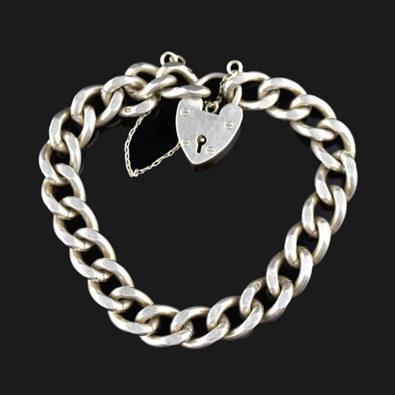 Curb Chain Heart Padlock Bracelet, Silver English… - image 1