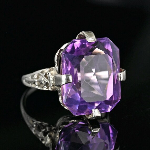 Art Deco Amethyst Ring: 18K White Gold Filigree, … - image 7