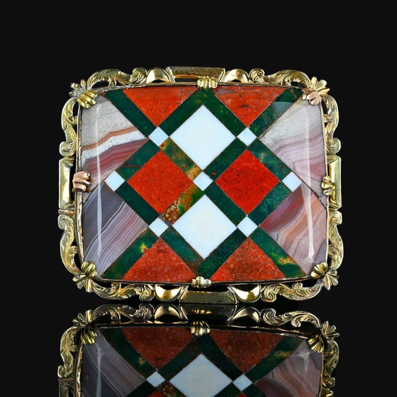 Antique Pietra Dura Scottish Agate Brooch, 10K Go… - image 1