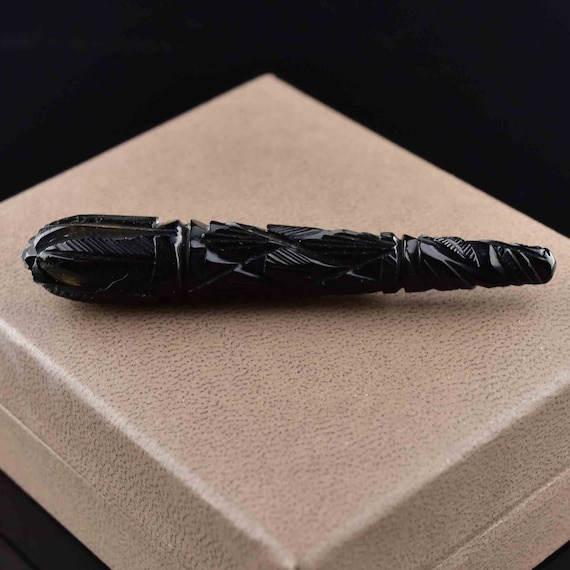 Carved Whitby Jet Victorian Brooch, Antique Victor