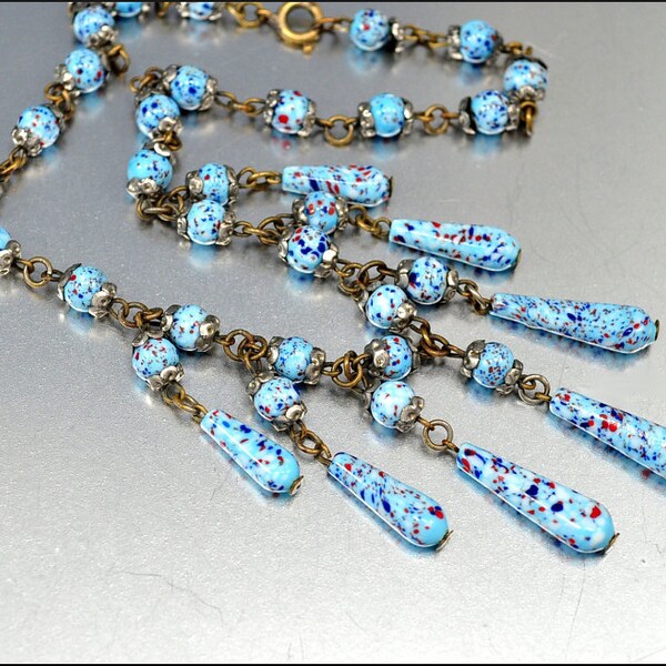 Art Deco Necklace Czech Glass Bead  Robins Egg Blue Vintage 1920s Jewelry