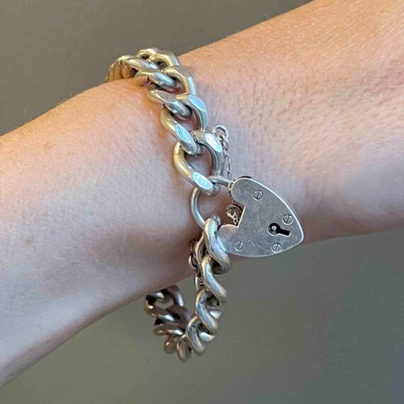 Curb Chain Heart Padlock Bracelet, Silver English… - image 3