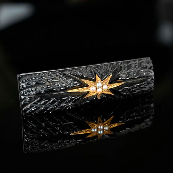 Pearl Starburst Victorian Whitby Jet Brooch, Vict… - image 3