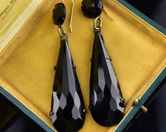 Antique French Jet Chandelier Earrings, Silver Carved Victorian Teardrop Black Enamel Earrings, Mourning Jewelry, Vintage Jewelry