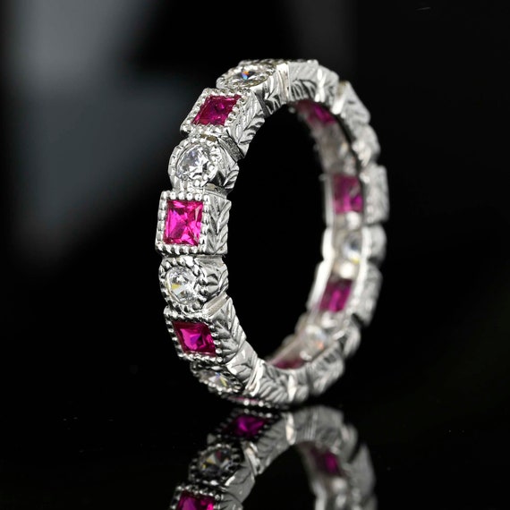 Silver Ruby Diamond Eternity Band Ring, Sterling … - image 3