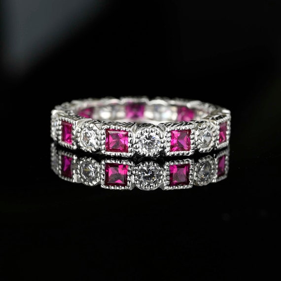 Silver Ruby Diamond Eternity Band Ring, Sterling … - image 1