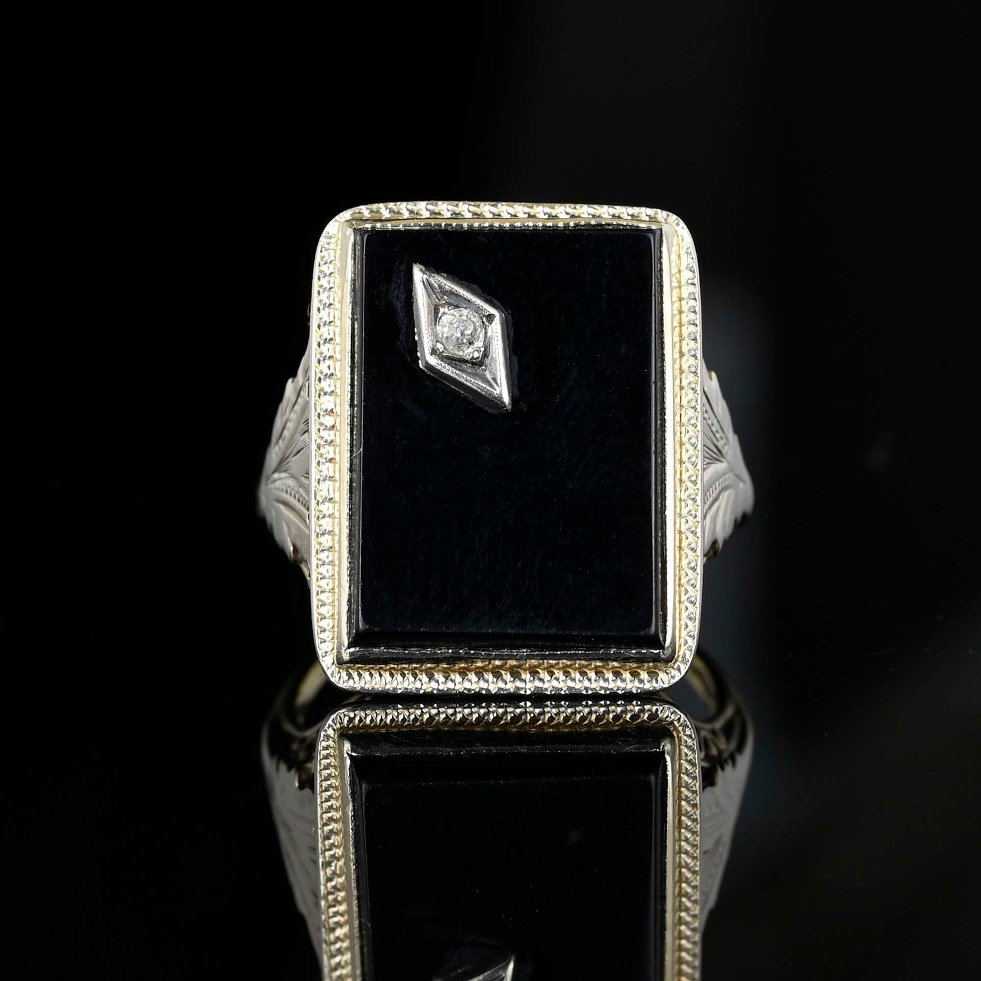 Vintage 14K Gold Diamond Onyx Ring, Art Deco Ring, Yellow