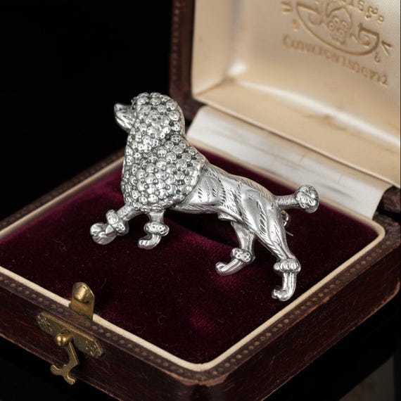 Antique Poodle Dog Brooch, Victorian Sterling Silver Pin