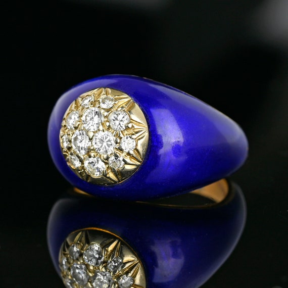 Cobalt Blue Enamel Diamond Ring, 14K Gold Diamond… - image 2