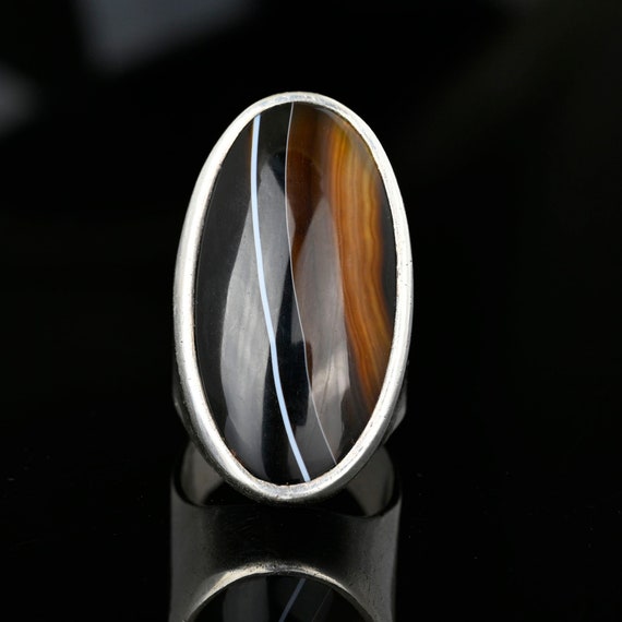 Vintage Silver Banded Agate Ring, Scottish Black … - image 1