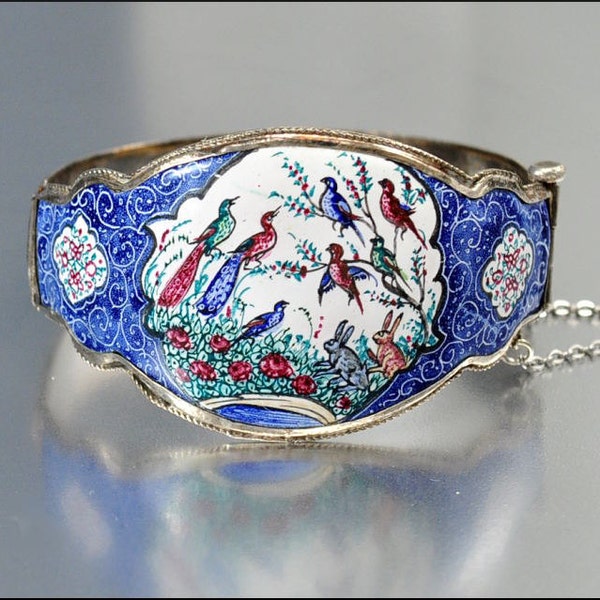 Art Deco Bracelet Persian Enamel Silver Bangle Bird Wide Vintage 1930s Jewelry